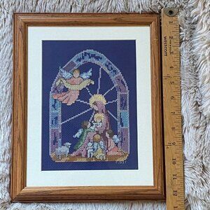 Vintage Custom Framed Nativity Needlepoint Artist Signed Professionally Framed